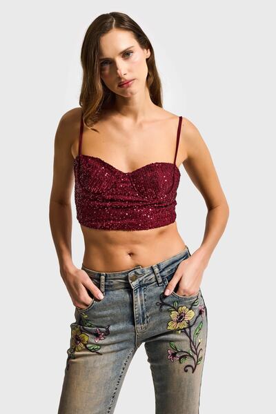 it's basic Women's Burgundy Color Sequin Detailed Strap Bustier