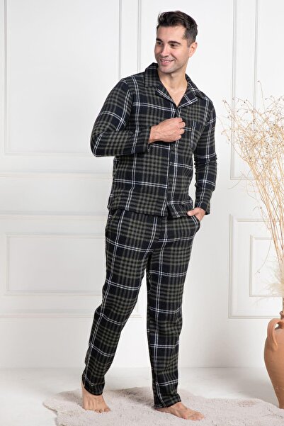 Mecit Pijama طقم بيجامة رجالي شتوي مقاس كبير منقوش باللون الأخضر من Mecit 2950