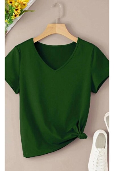 MODAGEN Kadın Yeşil V yaka Regular T-shirt
