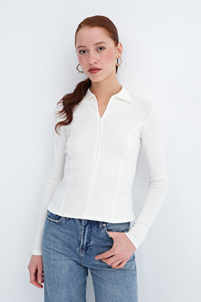 Addax Polo Neck Zipper Blouse B0424