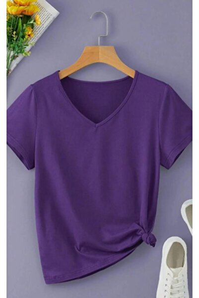 MODAGEN Kadın Mor V yaka Regular T-shirt