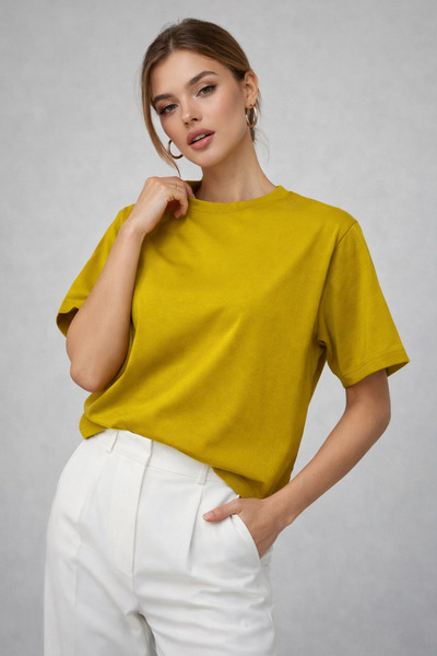 Rich Kadın Hardal %100 Pamuk Oversize Basic Tişört – Rahat Kalıp Relaxed Bisiklet Yaka T-Shirt