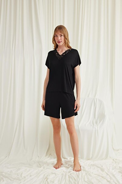 MONAMİSE Women, Black, Short Sleeve Lace V-Neck Shorts Set