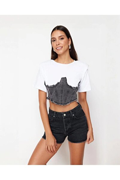 Ergün DAME Corset din denim pentru femei, cu detalii bumbac moale tricou