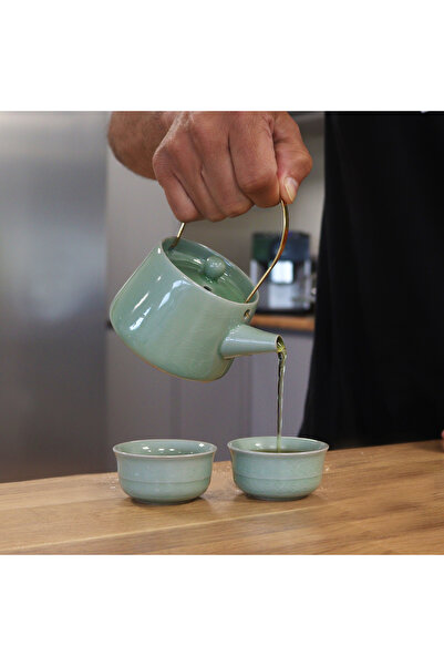 OEM Jade Green Ceramic Teapot Set with Metal Handle and 2 Oriental Style Cups...