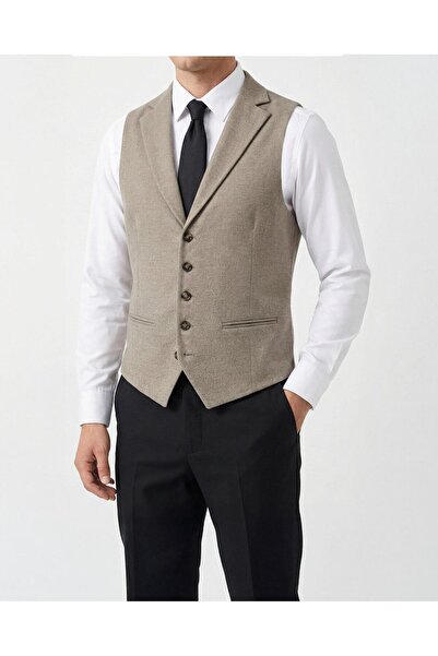 TerziAdemAltun Italian Style Mono Collar Pocket Vest Beige T10471