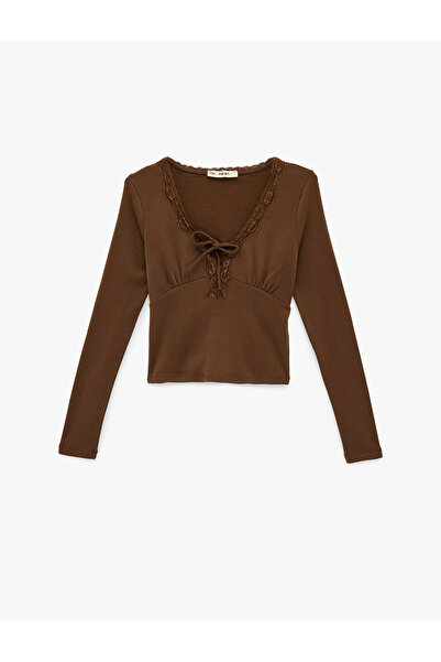 Koton Lace Detailed Tie-Up V-Neck Slim Fit Cotton Long Sleeve T-Shirt