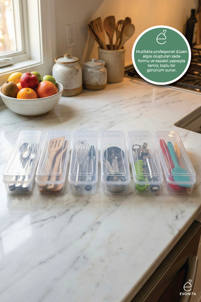 EVONİTA 6-Piece Transparent Lid Long Organizer Storage Box Spoon Fork Knife K...