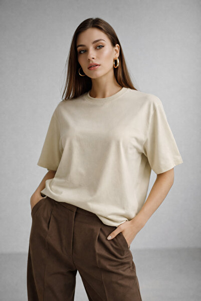 Rich Tricou de damă bej bumbac 100% supradimensionat basic – Potrivire confor...