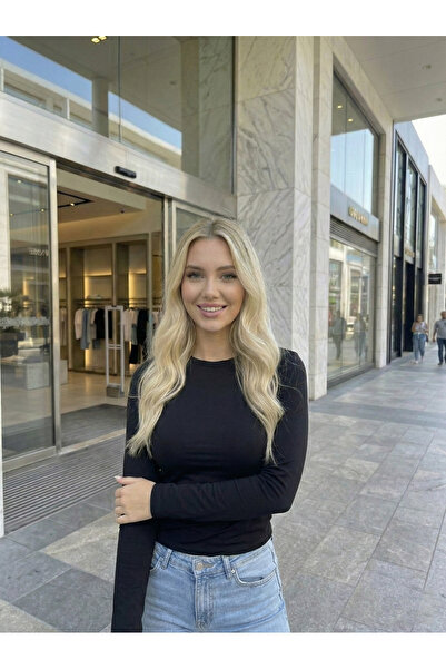 NEW JOURNAL Bluză neagră cu mânecă lungă guler rotund pentru femei NJ44