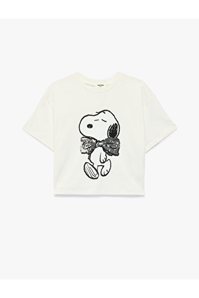 Koton Licensed Snoopy Printed Short Sleeve Sequin Cotton T-Shirt