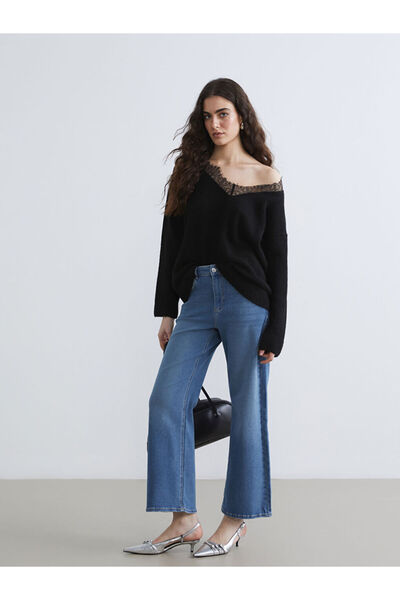 LC Waikiki بنطلون جينز نسائي عالي الخصر واسع الساق من إنديجو