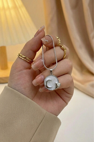 stainles steel Çelik ay ve kalp figürlü kolye