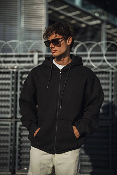 Vogue Oversize Tam Fermuarlı Uzun Kol Hırka - Siyah