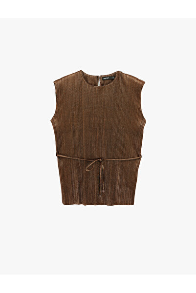 Koton Belted Crew Neck Shoulder Pad Pack Sleeveless Satin Pleated Blouse