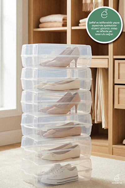 EVONİTA 6-Pack Clear Shoe Storage Box Stackable Organizer Closet Shelf Organi...