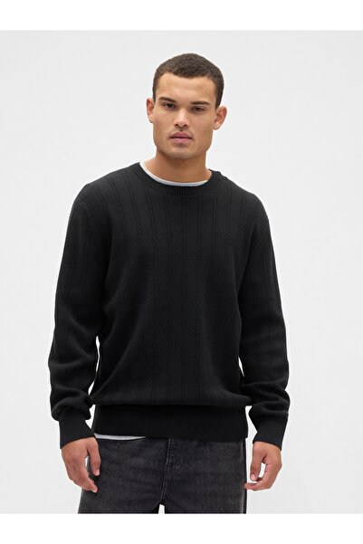 GAP Erkek Siyah CashSoft Ribbed Bisiklet Yaka Kazak