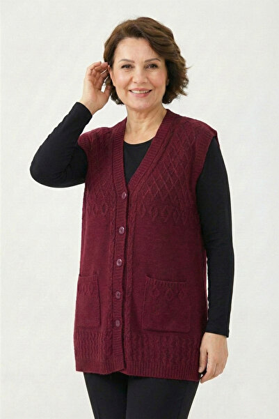 nacar çarşı Women's Mother Burgundy V-Neck Buttoned Pocketed Diamond Pattern ...