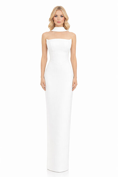 Hüseyin Baştürk Straplez Beli Oval Krep Şallı Abiye