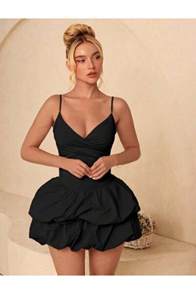 Aria's Closet Arias Closet Özel Şık Tasarım Fırfır Detay İnce Askılı Siyah Mi...