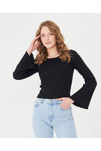 ESPİNA بلوزة نسائية بياقة دائرية وأكمام طويلة حياكة مضلعة مع تفاصيل أوفرلوك ع...