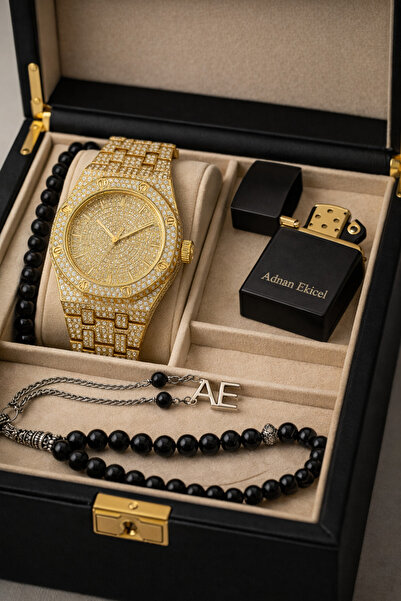 pierrose Taşlı Metal Gold Kadran Su Geçirmez Çelik Erkek Kol Saati Çakmak Tes...