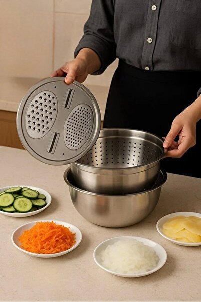 AKÇE 3lü Set Çok Fonksiyonlu Paslanmaz Çelik Rende ,Süzgeç ve Yoğurma Kabı Ka...