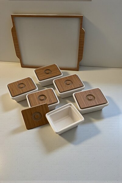 Dore Voir 6 Adet Seramik Kaseli Kahvaltı Seti Bambu Kapaklı Ahşap Tepsili -12...