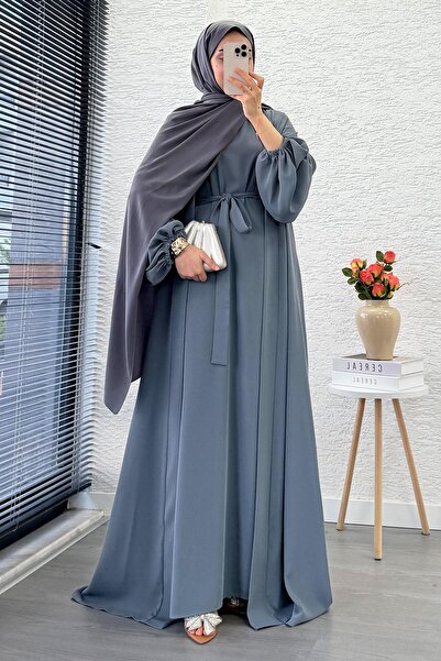 MELEK ARAZ Kolu Lastikli İkili Abaya Takım – Gri