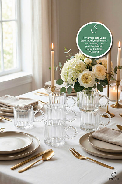 EVONİTA Transparent Glass Mug with Bead Handle – 350 ml Aesthetic Hot and Col...