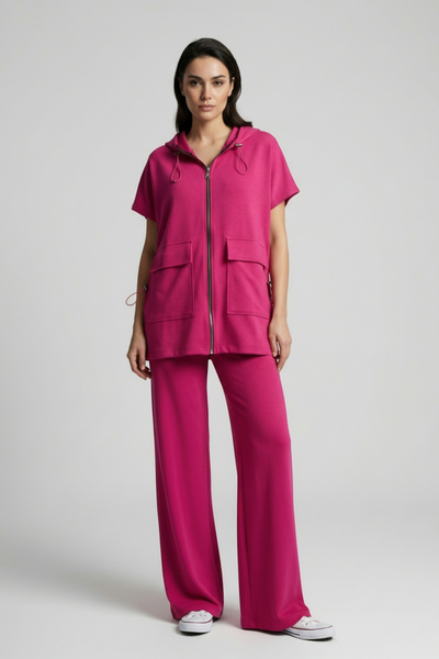 By Saygı Women's Front Zipper Vest with Pocket Cover, Elastic Waist Palazzo P...