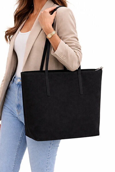 Melos Butik Women's Black Nubuck Casual Zippered Shopper Hand and Shoulder Bag