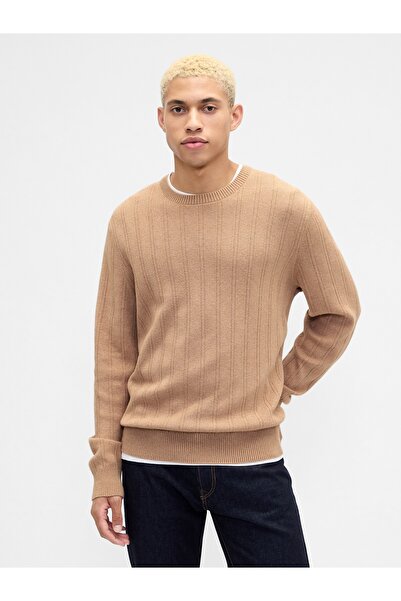 GAP Erkek Açık Kahverengi CashSoft Ribbed Bisiklet Yaka Kazak