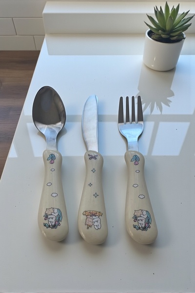 Dore Voir 3 Parça Çocuk Çatal Kaşık Bıçak Seti Paslanmaz Çelik-Sarı Renk