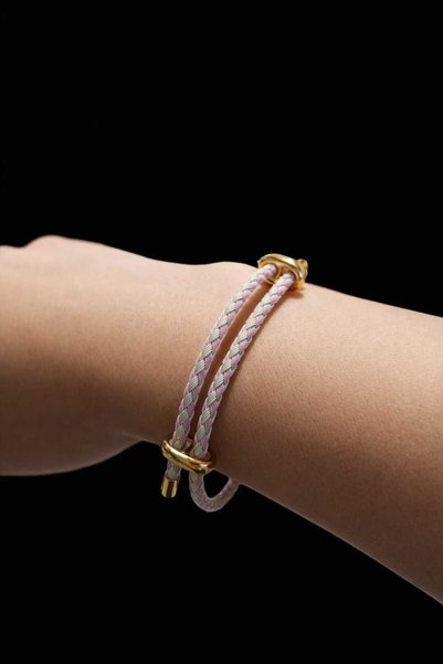 KAYLANIN DÜNYASI Double Row Braided Women's Bracelet Pink Cream Gold Metal Detailed Adjustable Gift