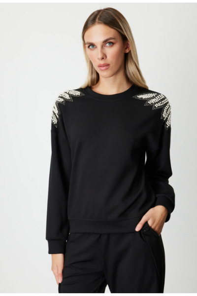 ON TRİKO Omuzları İncili Sıfır Yaka Sweatshırt - SİYAH