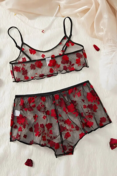 D'LİNGERİE Noire Romance Heart Transparan Şortlu Gecelik DM1377