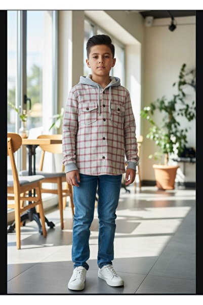 Gala kolu lastkli kapüşonlu çizgili UNİSEX çocuk gömlek
