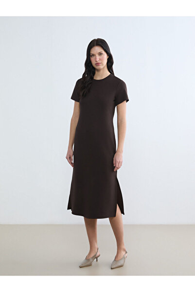 LC Waikiki Brown Crew Neck Slit Dress