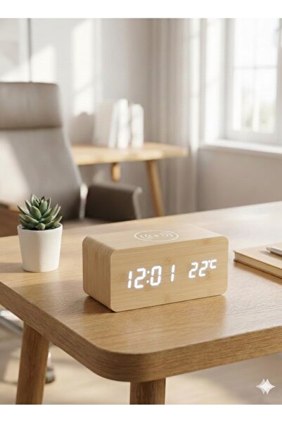 Duru Dijital Kablosuz Şarjlı (Wireless) Ahşap LED Masa Saati & Telefon Şarj İ...