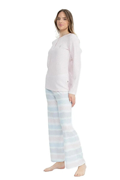 U.S. Polo Assn. U.s Polo Assn. 17096 Kadın Delikli Polar Waffle Kumaş  Uzun Kollu Geniş Paça Pijama Takım-Pembe