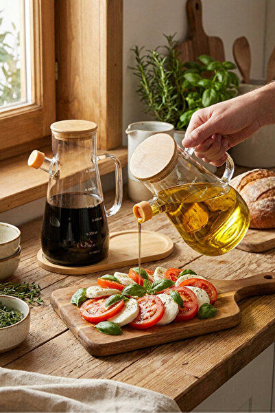 Homerest 2'li 900 ml Bambu Kapaklı ve Altlıklı Borosilikat Cam Yağdanlık, Isı...