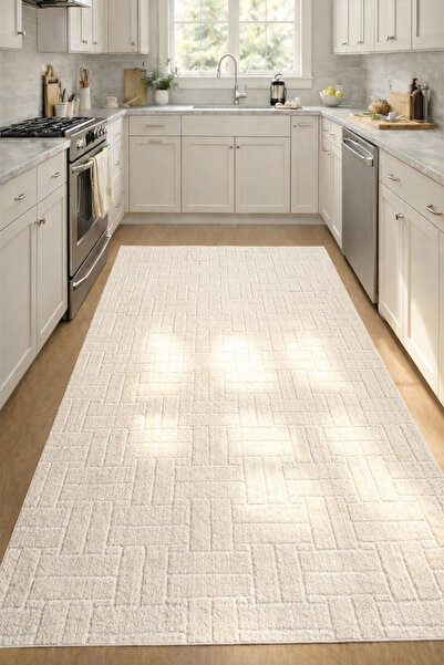 Raschel Carpet Yıkanabilir Leke Tutmaz Moopy Krem Dokuma Mutfak Halısı Kaymaz...
