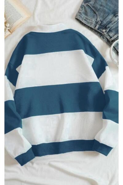 MODAGEN Unisex Petrol Mavi Çizgili NY Baskılı Fermuarlı Polo Yaka Oversize Sweatshirt