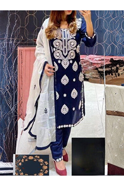 MYSMAR Blue Rayon Cotton Top Bottom & Dupatta - FFT5821 | Blue