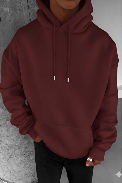 NO 601 Men's Burgundy Patternless Plain Hooded Sweatshirt