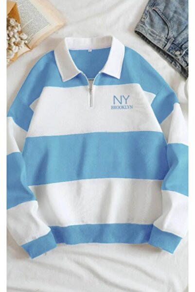 MODAGEN Unisex Bebe Mavi Çizgili NY Baskılı Fermuarlı Polo Yaka Oversize Swea...