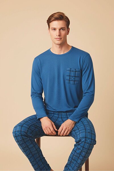 STELLAPİNK طقم بيجامة رجالي من القطن الممشط المنقوش