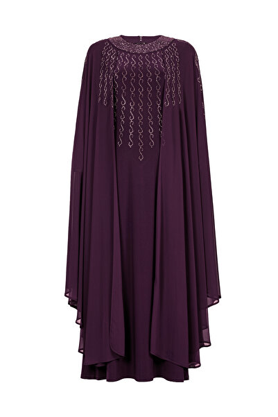 MİYORO Chiffon Cape Detailed Stone Large Size Evening Dress