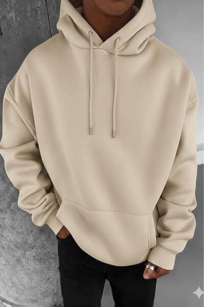 NO 601 Men's Beige Patternless Plain Hooded Sweatshirt